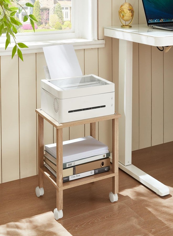 YUFAM 2 Tier Printer Stand with Storage,Under Desk Shelf Printer Table,Small Printer Stand with Wheels,Rolling Printer Cart for Office,Home,Wood Color - Image 2