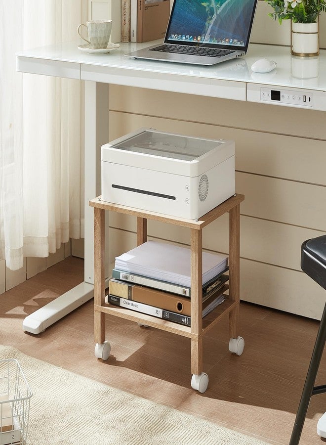 YUFAM 2 Tier Printer Stand with Storage,Under Desk Shelf Printer Table,Small Printer Stand with Wheels,Rolling Printer Cart for Office,Home,Wood Color - Image 4