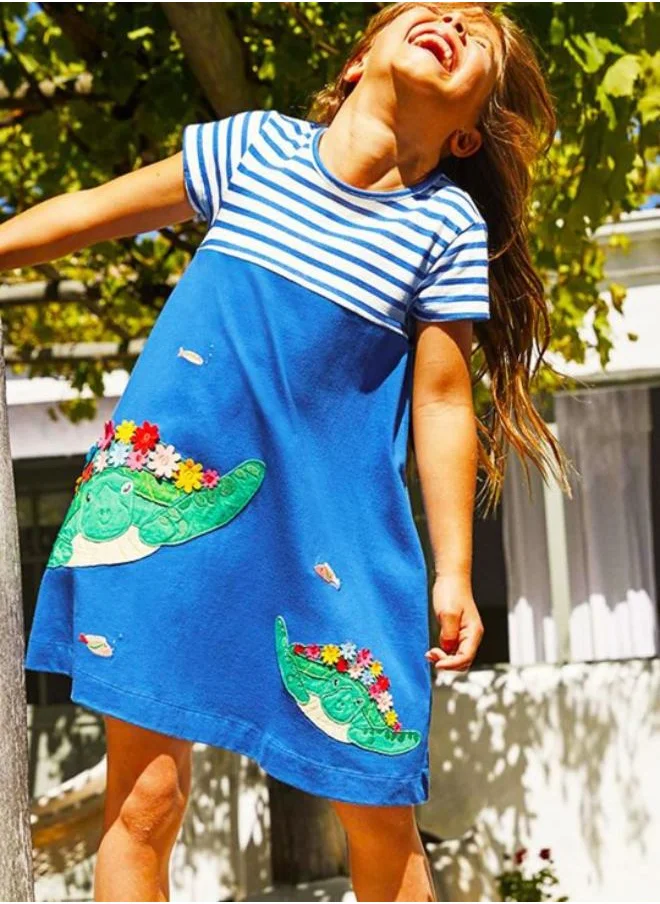 YUNIQEE Blue A-Line Crew Neck Striped Dress