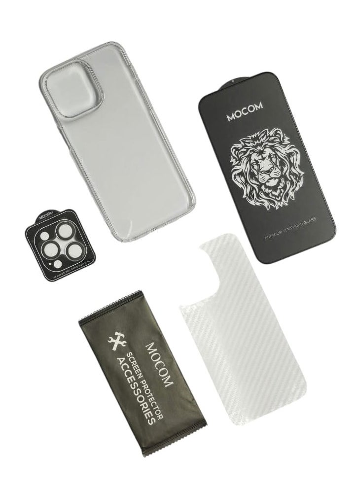 MOCOM 15 Pro Max Full Body Protection Bundle for iPhone 15 Pro Max: Crystal Clear Case with 5D Full Glue Screen Protector, Black Camera Ring, and Scratch-Resistant Back Film – Ultimate 360° Protection  - Image 2
