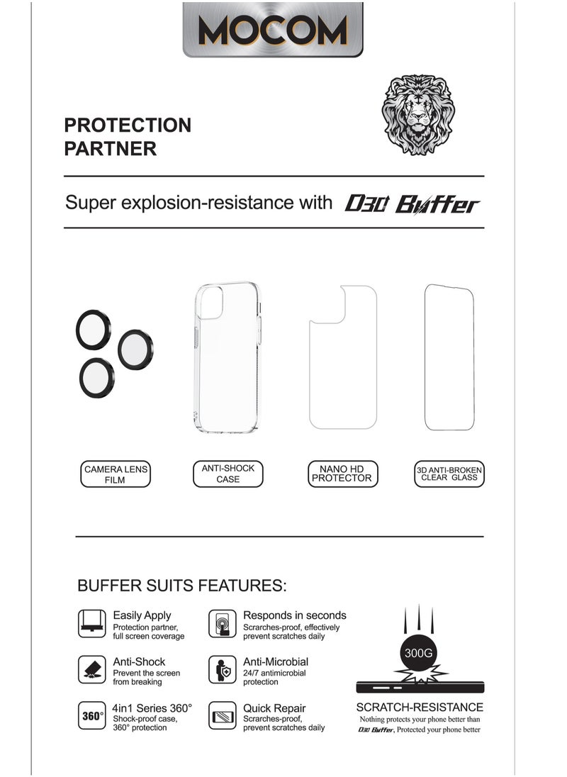 MOCOM 15 Pro Max Full Body Protection Bundle for iPhone 15 Pro Max: Crystal Clear Case with 5D Full Glue Screen Protector, Black Camera Ring, and Scratch-Resistant Back Film – Ultimate 360° Protection  - Image 3