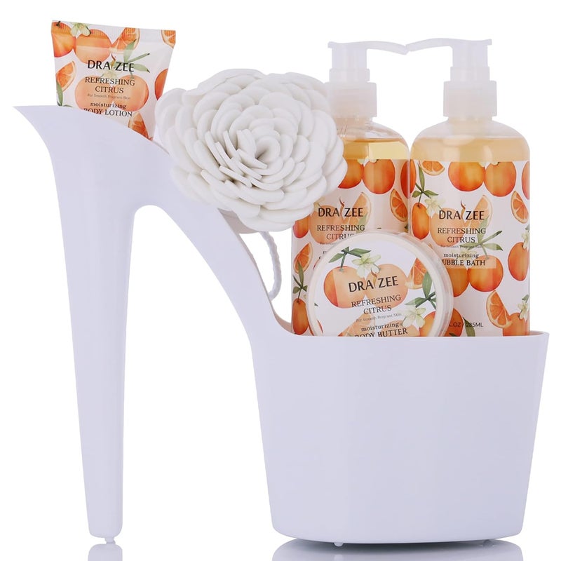 draizee Valentines Day Gifts for Her  Citrus Scented Bath and Body Set of 6Piece Heel Shoe Spa Basket with Body Lotion Butter Shower Gel Bubble Bath Puff  Gift for Women Wife Mom Friend by Draizee