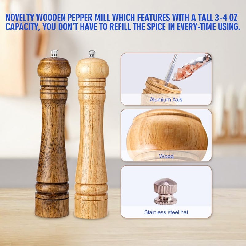 elook Salt and Pepper Mill Set, 8 inch Wooden Salt and Pepper Mill Set Kit Manual Mills Solid with Strong, Adjustable Roughness Ceramic Grinders for Home Kitchen Cooking Camping BBQ (Light Brown) - Image 4