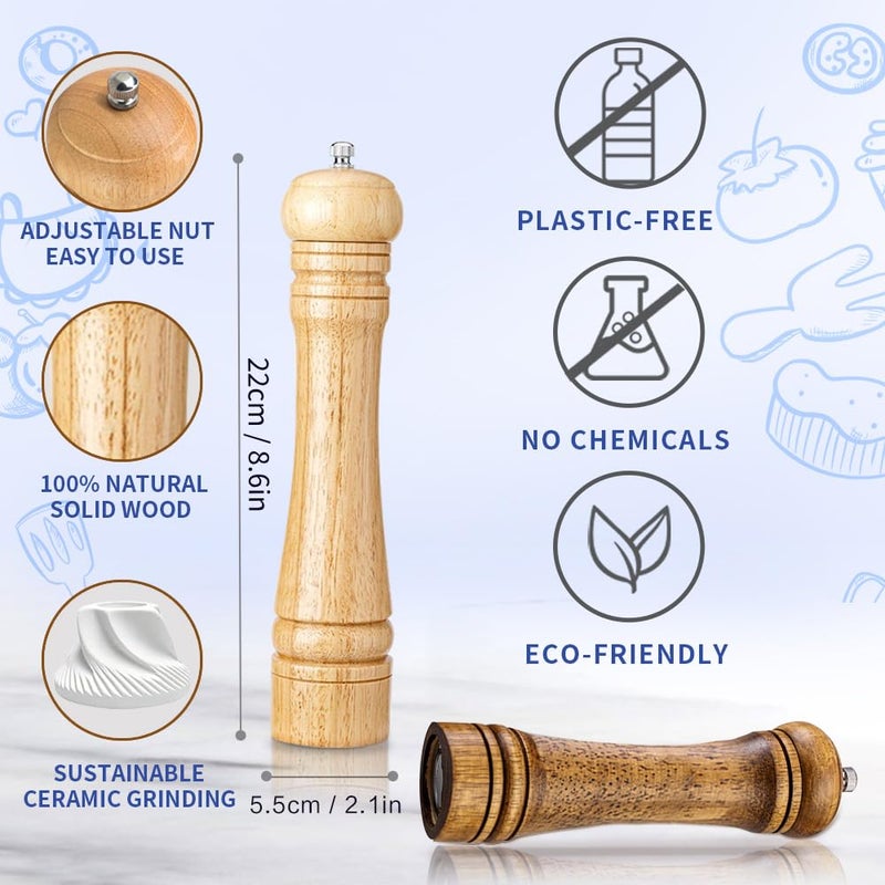 elook Salt and Pepper Mill Set, 8 inch Wooden Salt and Pepper Mill Set Kit Manual Mills Solid with Strong, Adjustable Roughness Ceramic Grinders for Home Kitchen Cooking Camping BBQ (Light Brown) - Image 2