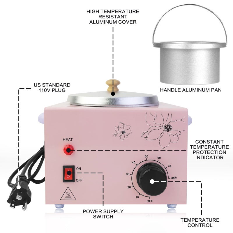 folconroad Portable Wax Warmer Machine for Painless Hair Removal, Women Men Professional Wax Heater with Adjustable Temperature Set, 20pcs Sticks (Pink - Single Pot) - Image 2