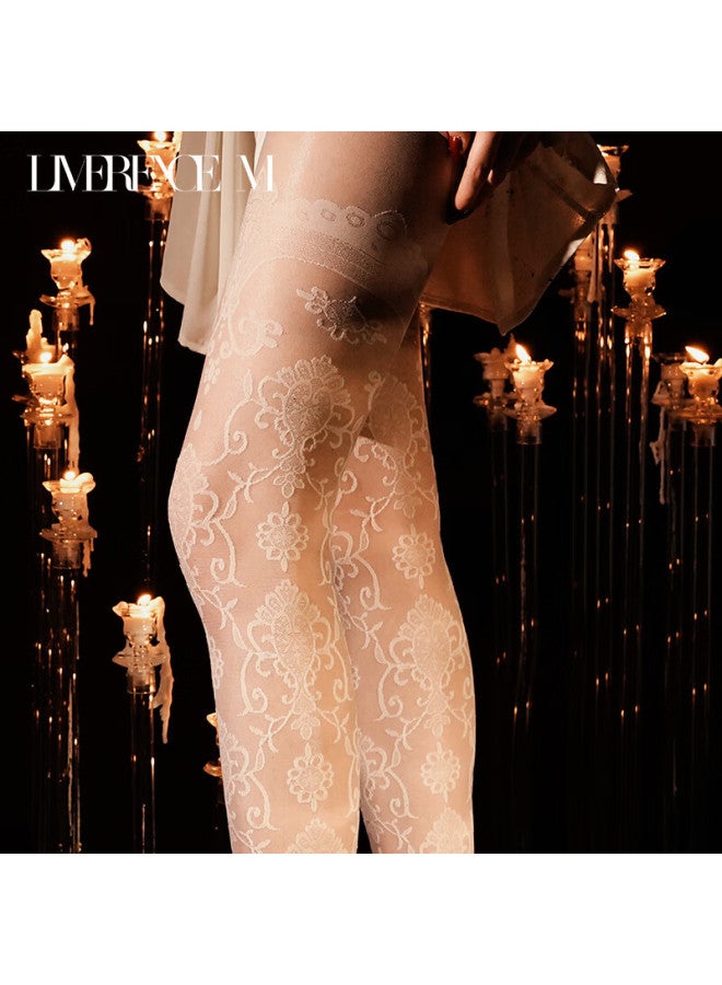 Limerence M Laimi Runsi Ultra-thin Sheer Lace Vintage Jacquard Party Stockings, Nude Pink, T-crotch Closed Crotch, One Size Fits All - Image 3