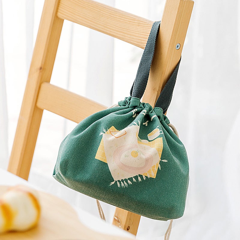 New Japanese style lunch bag Japanese style drawstring convenient portable picnic bag canvas insulation bag thickened lunch box bag for students(Square-Green) - Image 4