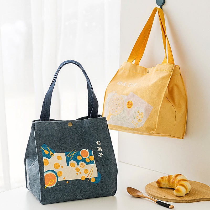 New Japanese style lunch bag Japanese style drawstring convenient portable picnic bag canvas insulation bag thickened lunch box bag for students(Square-Green) - Image 2