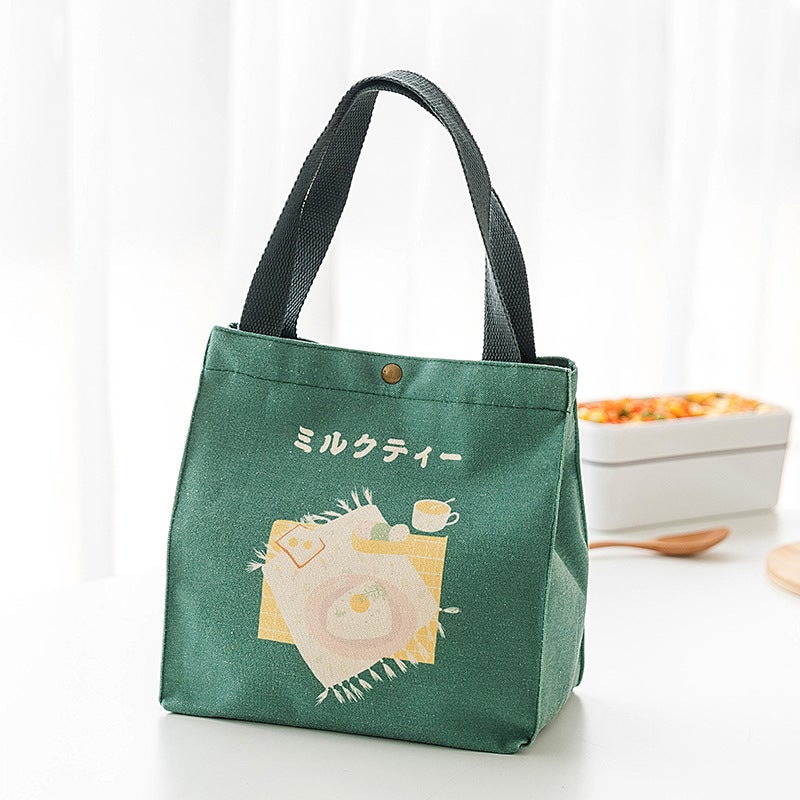New Japanese style lunch bag Japanese style drawstring convenient portable picnic bag canvas insulation bag thickened lunch box bag for students(Square-Green) - Image 1
