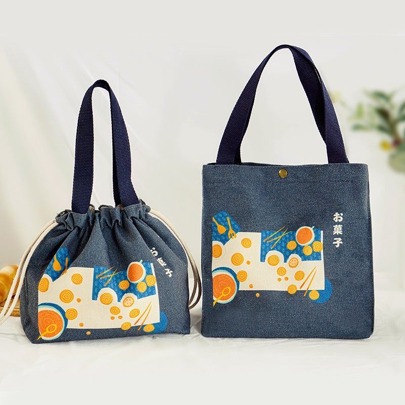 New Japanese style lunch bag Japanese style drawstring convenient portable picnic bag canvas insulation bag thickened lunch box bag for students(Square-Green) - Image 3