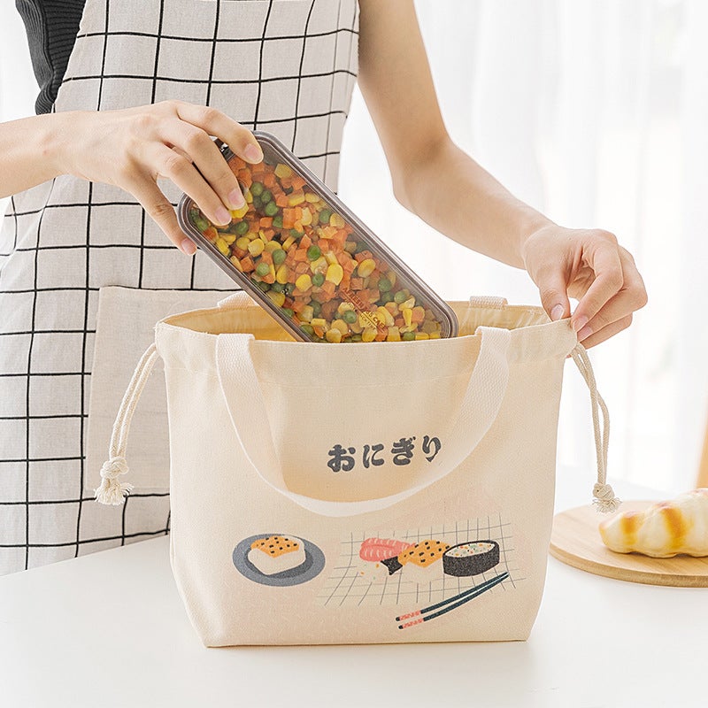 New Japanese style lunch bag Japanese style drawstring convenient portable picnic bag canvas insulation bag thickened lunch box bag for students(Square-Green) - Image 5