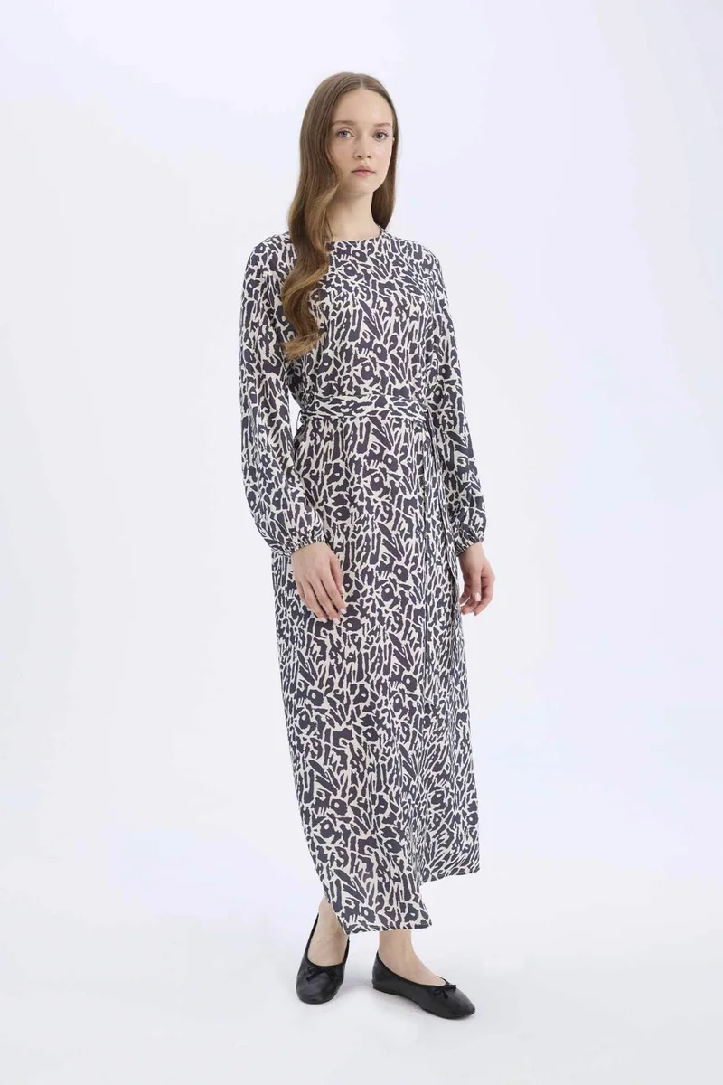 ديفاكتو Regular Fit Crew Neck Patterned Maxi Dress