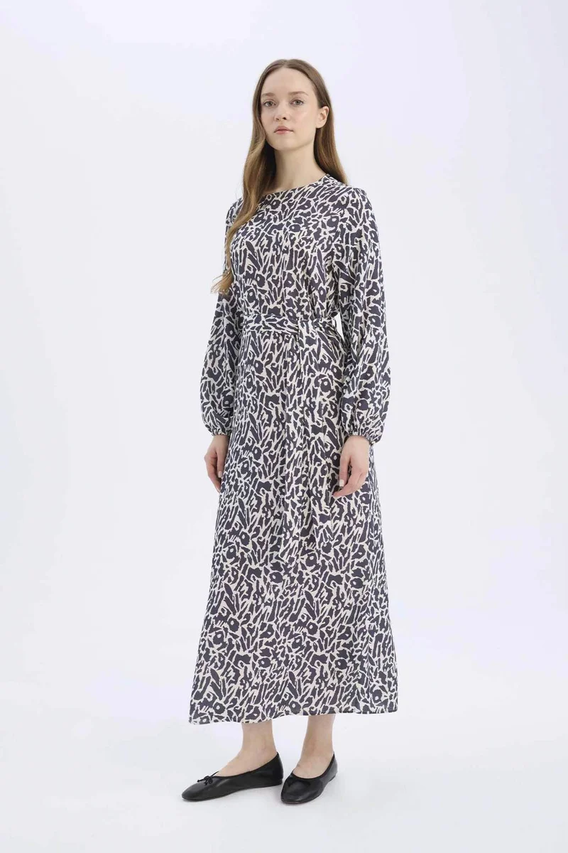 ديفاكتو Regular Fit Crew Neck Patterned Maxi Dress