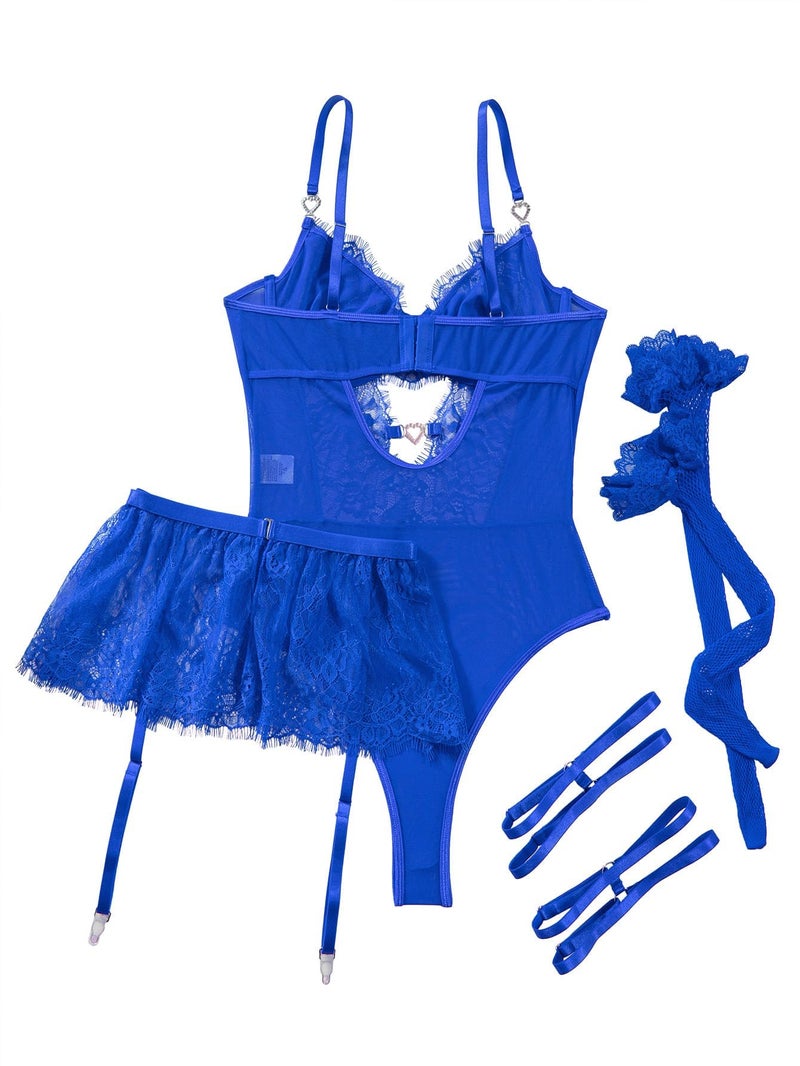 Lilosy Sexy Stocking Rhinestones Heart Garter Underwire Floral Mesh lace Sheer Babydoll Lingerie Teddy Bodysuit Skirt Set Women 2 3 Piece Push Up See Through Royal Blue Medium - Image 5