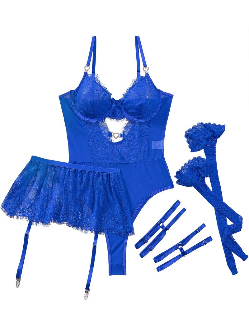 Lilosy Sexy Stocking Rhinestones Heart Garter Underwire Floral Mesh lace Sheer Babydoll Lingerie Teddy Bodysuit Skirt Set Women 2 3 Piece Push Up See Through Royal Blue Medium - Image 4