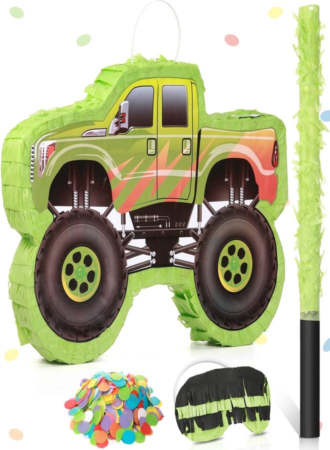 سراتي بينياتا شاحنة صغيرة، بينياتا شاحنة عيد ميلاد، بينياتا بناء مع عصا، عصابة للعينين، قصاصات ورقية، لوازم حفلات عيد ميلاد، مناسب لفعاليات الكرنفال، ديكورات وألعاب فييستا، 15.7 × 11 × 2.4 بوصة (أخضر) - Image 1