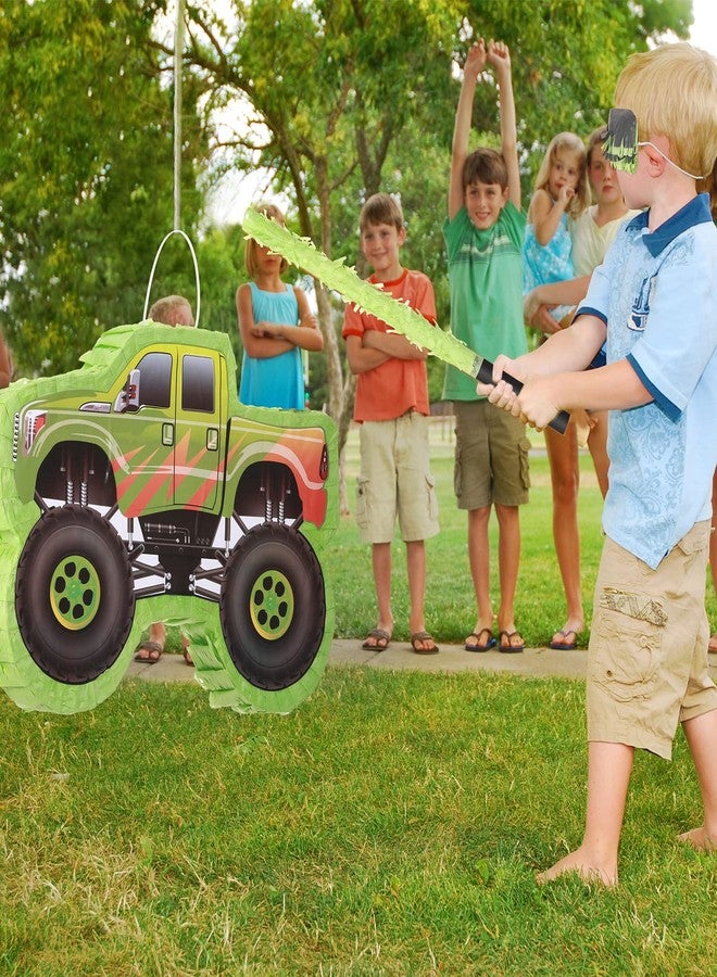 سراتي بينياتا شاحنة صغيرة، بينياتا شاحنة عيد ميلاد، بينياتا بناء مع عصا، عصابة للعينين، قصاصات ورقية، لوازم حفلات عيد ميلاد، مناسب لفعاليات الكرنفال، ديكورات وألعاب فييستا، 15.7 × 11 × 2.4 بوصة (أخضر) - Image 3