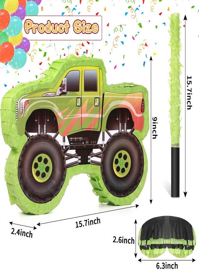 سراتي بينياتا شاحنة صغيرة، بينياتا شاحنة عيد ميلاد، بينياتا بناء مع عصا، عصابة للعينين، قصاصات ورقية، لوازم حفلات عيد ميلاد، مناسب لفعاليات الكرنفال، ديكورات وألعاب فييستا، 15.7 × 11 × 2.4 بوصة (أخضر) - Image 2