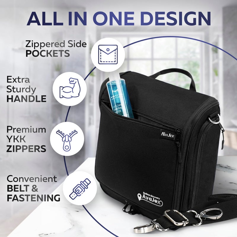 AvaJex Extra Large (11.8â€x11.8â€x4â€) Hanging Travel Toiletry Bag for Men and Women - Cosmetic Travel Bag With Shoulder Strap - Waterproof Hygiene Bag with Metal Swivel Hook and 19 Compartments for Toiletries - Image 3