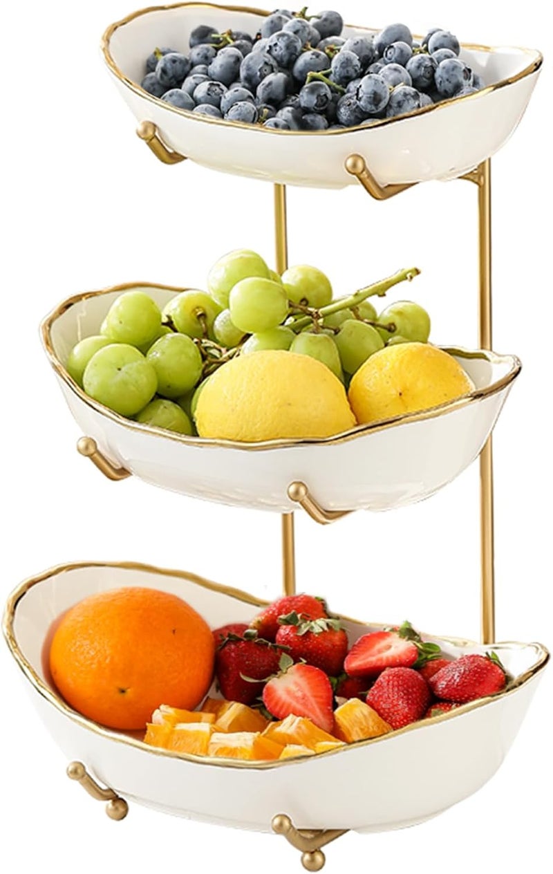 HOMKULA Fruit Bowl for Kitchen Counter  3 Tier Ceramic Serving Bowls with Metal Stand Tiered Fruit Basket for Fruit Vegetable Storage Snack Nuts Cake Dessert Small  Cute GoldRimmed - Image 1