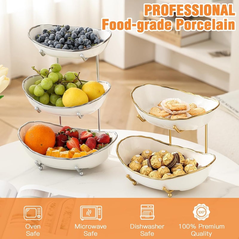 HOMKULA Fruit Bowl for Kitchen Counter  3 Tier Ceramic Serving Bowls with Metal Stand Tiered Fruit Basket for Fruit Vegetable Storage Snack Nuts Cake Dessert Small  Cute GoldRimmed - Image 2