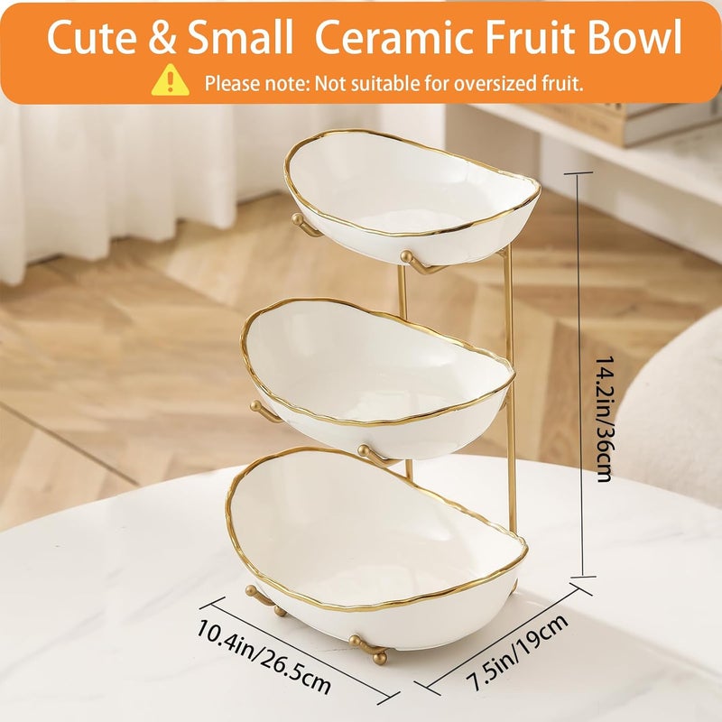 HOMKULA Fruit Bowl for Kitchen Counter  3 Tier Ceramic Serving Bowls with Metal Stand Tiered Fruit Basket for Fruit Vegetable Storage Snack Nuts Cake Dessert Small  Cute GoldRimmed - Image 3