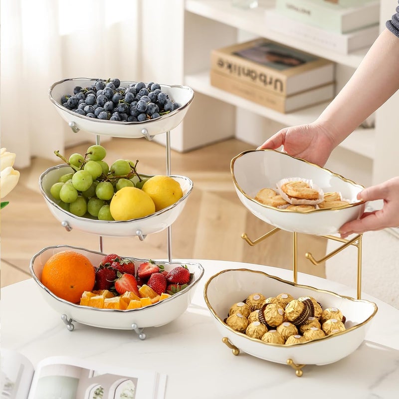 HOMKULA Fruit Bowl for Kitchen Counter  3 Tier Ceramic Serving Bowls with Metal Stand Tiered Fruit Basket for Fruit Vegetable Storage Snack Nuts Cake Dessert Small  Cute GoldRimmed - Image 5