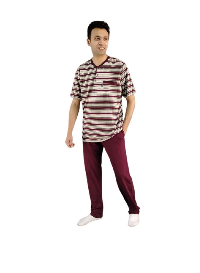Jet Men Summer Pajama Set Striped Top & Plain Bottom -Burgundy - Image 1