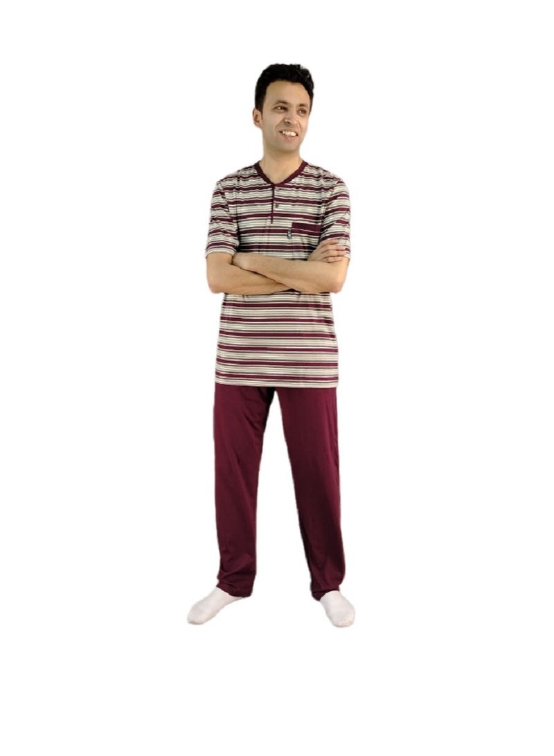 Jet Men Summer Pajama Set Striped Top & Plain Bottom -Burgundy - Image 2