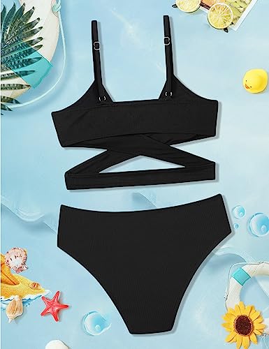 Aulyffo Girls Bathing Suit Size 10-12 Girl Swimsuit Two Piece Criss Cross Bikini V-Neck Adjustable Shoulder Straps Girls Swimwear Black - Image 5
