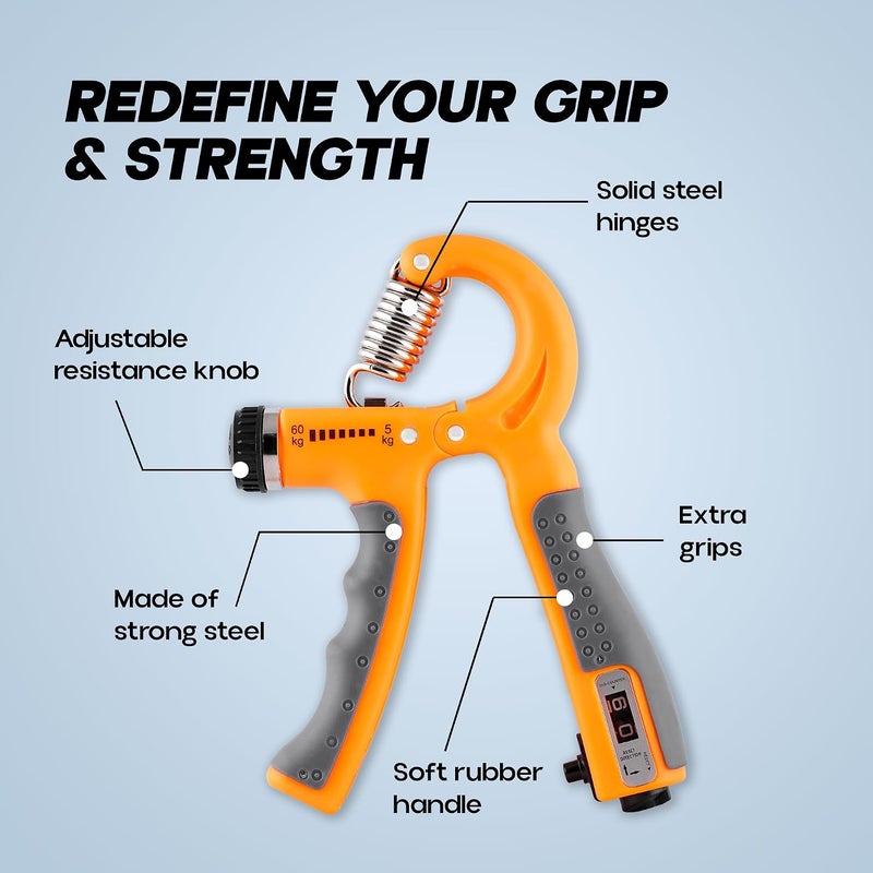 KONEX Hand Gripper with Counter (5-60 kg) Orange Anti-Slip Grip Strengthener - Image 3