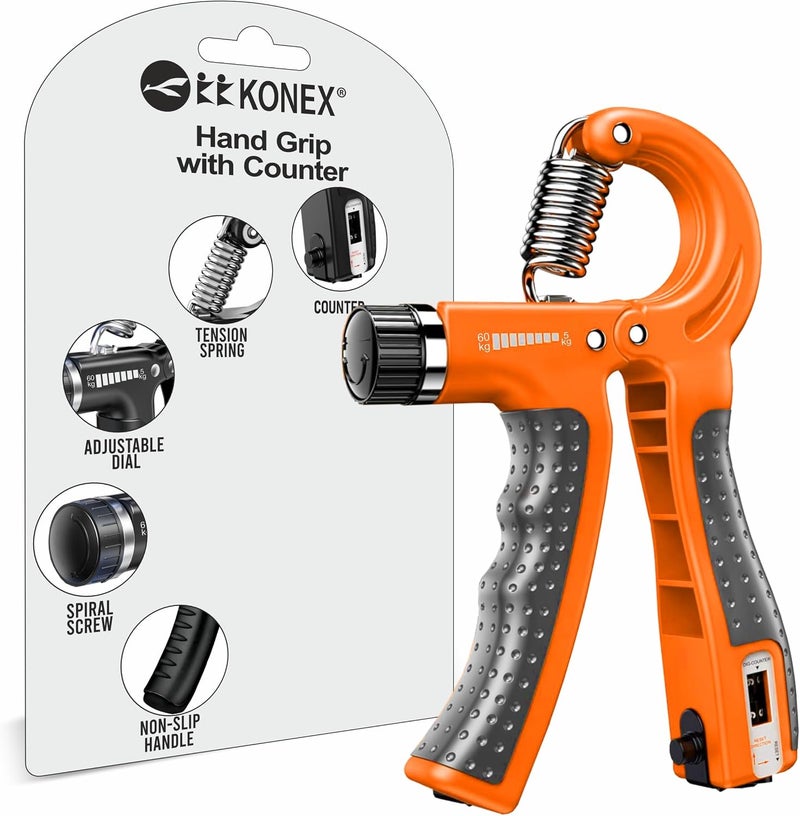 KONEX Hand Gripper with Counter (5-60 kg) Orange Anti-Slip Grip Strengthener - Image 1