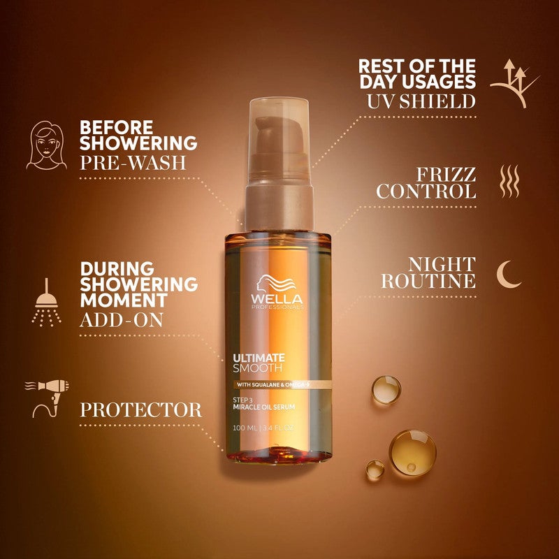 Wella Professionals سيروم زيت المعجزة ويلة بروفيشونالز ألتيميت سموذ للشعر الجاف، الباهت والمجعد، يغذي، ينعم ويضيف لمسة لامعة، آمن للألوان، مع سكوالان وأوميغا 9، واقي حراري، 30 مل - Image 5