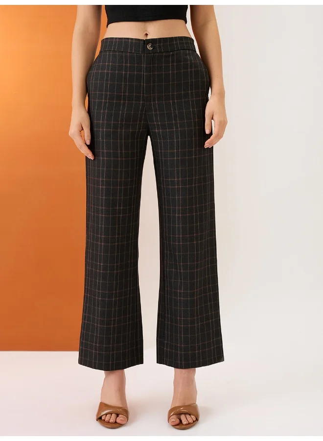 جلو باص بنطلون نسائي رسمي مستقيم بخصر متوسط وظهر مطاطي بنقشة مربعات