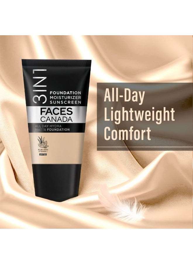 Facescanada FACES CANADA All Day Hydra Matte Foundation - Mini | 3in1 Foundation + Moisturizer + SPF 30 | 24 HR Aloe Hydration & Vitamin C | 10HR Wear | Medium to High Buildable Coverage | Absolute Ivory (18 ml) - Image 3