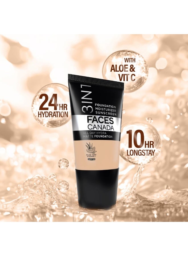 Facescanada FACES CANADA All Day Hydra Matte Foundation - Mini | 3in1 Foundation + Moisturizer + SPF 30 | 24 HR Aloe Hydration & Vitamin C | 10HR Wear | Medium to High Buildable Coverage | Absolute Ivory (18 ml) - Image 4