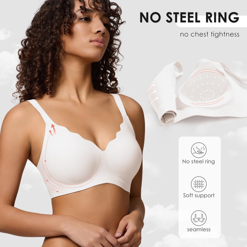 DEANGELMON Seamless Wireless Bra for Women with Support - No Underwire Full Coverage Push Up Comfort Bras - Back Fat Smoothing No Wire Bralette for Womens - Padded Soft Lift Bralettes(White,L) - Image 3
