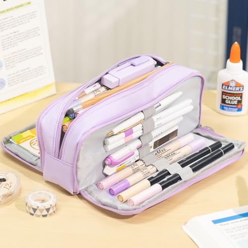CICIMELON Large Capacity Pencil Case 3 Compartment Pouch Pen Bag for School Teen Girl Boy Men Women (Purple) - Image 4