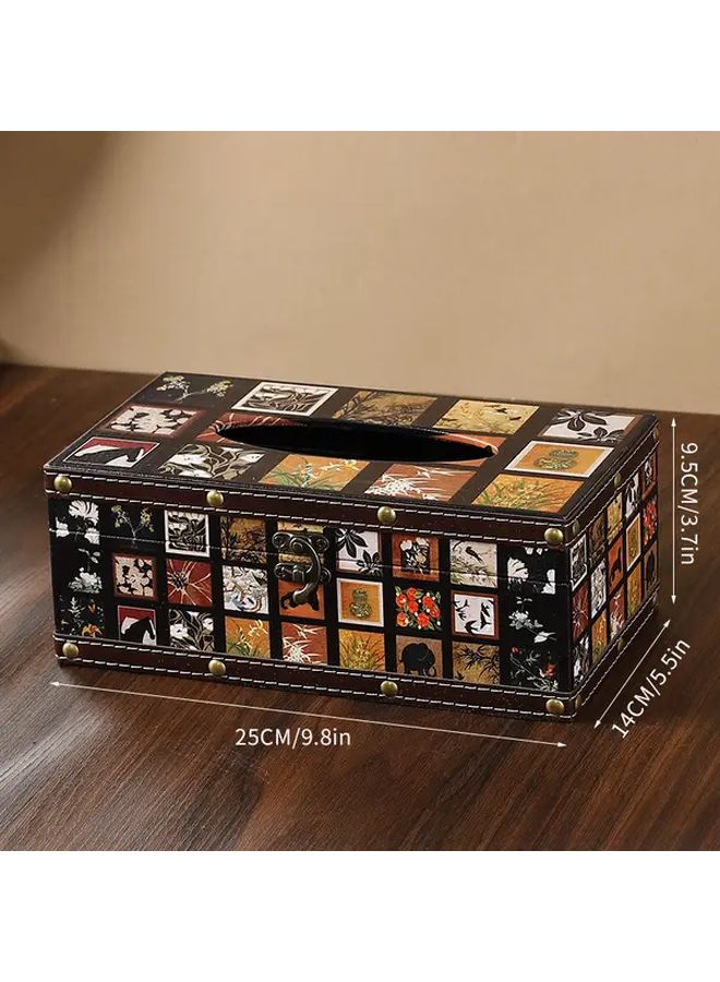 Retro Style Wooden Tissue Box Holder Floral Pattern Multi Compartment Storage - Image 1
