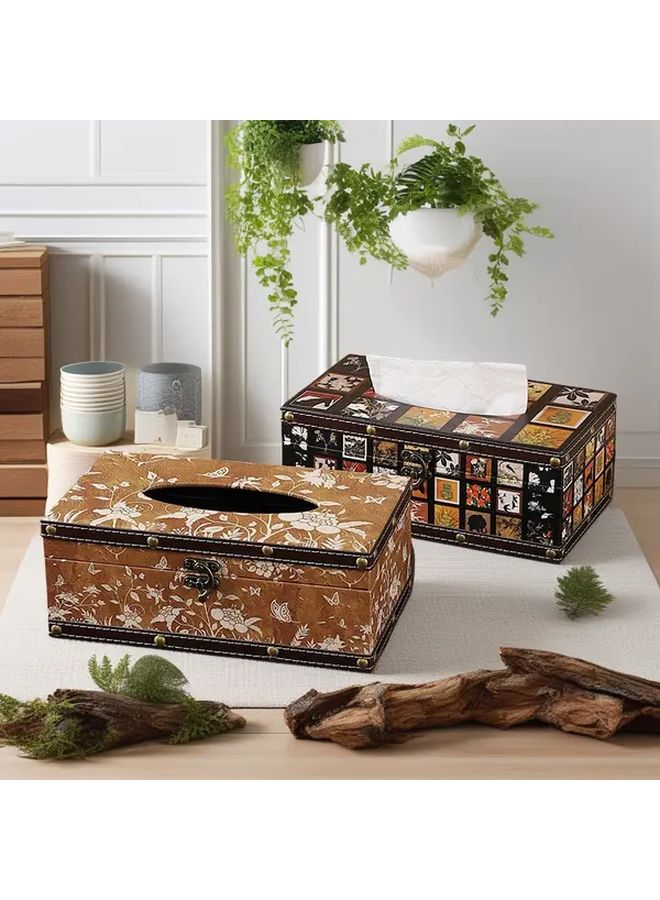 Retro Style Wooden Tissue Box Holder Floral Pattern Multi Compartment Storage - Image 2