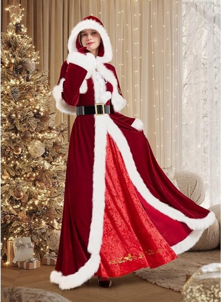 GGEROU 4 قطع زي السيدة كلوز للنساء زي سانتا للبالغين مجموعة فساتين عيد الميلاد بدلة مخملية بغطاء رأس تنكرية زي حفلة عيد الميلاد - Image 4