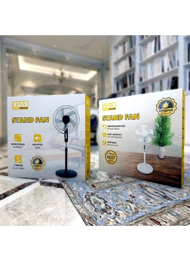 مروحة طاولة DENX، مروحة قائمة بارتفاع قابل للتعديل 16 بوصة مع تصميم 5 شفرات، 3 سرعات تبريد، تشغيل صامت، تدفق هواء قوي، للاستخدام في غرفة النوم، غرفة المعيشة، المكتب - أبيض/أسود، DX2559