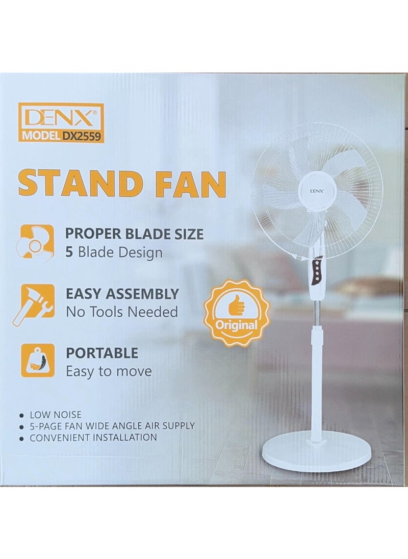 مروحة طاولة DENX، مروحة قائمة بارتفاع قابل للتعديل 16 بوصة مع تصميم 5 شفرات، 3 سرعات تبريد، تشغيل صامت، تدفق هواء قوي، للاستخدام في غرفة النوم، غرفة المعيشة، المكتب - أبيض/أسود، DX2559