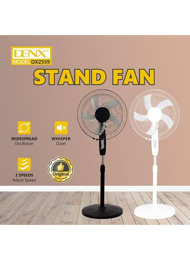 مروحة طاولة DENX، مروحة قائمة بارتفاع قابل للتعديل 16 بوصة مع تصميم 5 شفرات، 3 سرعات تبريد، تشغيل صامت، تدفق هواء قوي، للاستخدام في غرفة النوم، غرفة المعيشة، المكتب - أبيض/أسود، DX2559