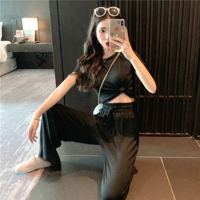 European station 2021 summer fashion suit Womens Western style short top Internet celebrity wide leg pants fashion casual two-piece suit Black - Image 1