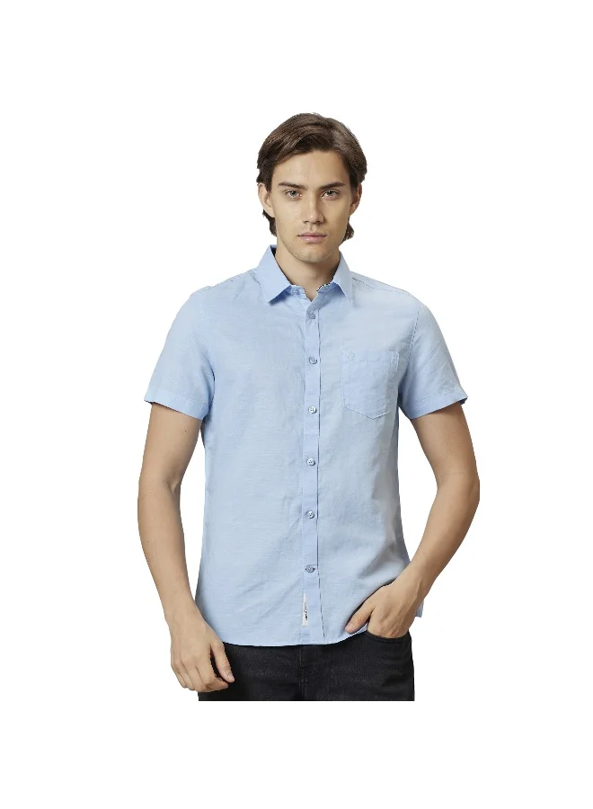 بيينغ هيومان Mens Light Blue Collared Short Sleeve Shirt