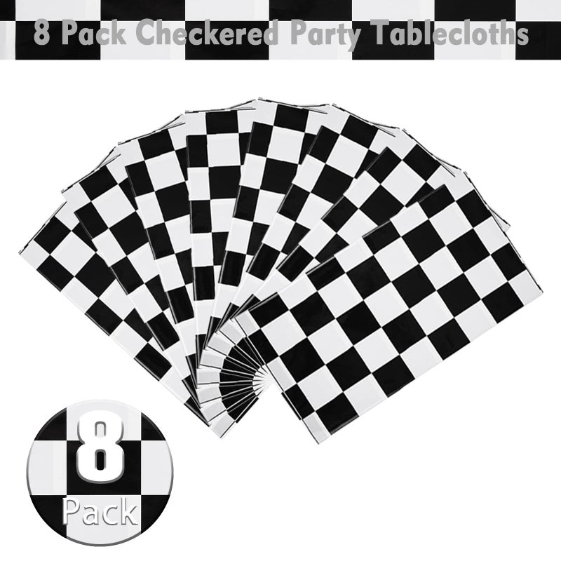 Kesfey 8 Packs Black Gingham Tablecloths 54 x 108 Inches White and Black Checkered Flag Table Cloth Disposable Party Picnic Tablecovers Splashproof Plastic Race Track Table Cloths for Camping Party - Image 1