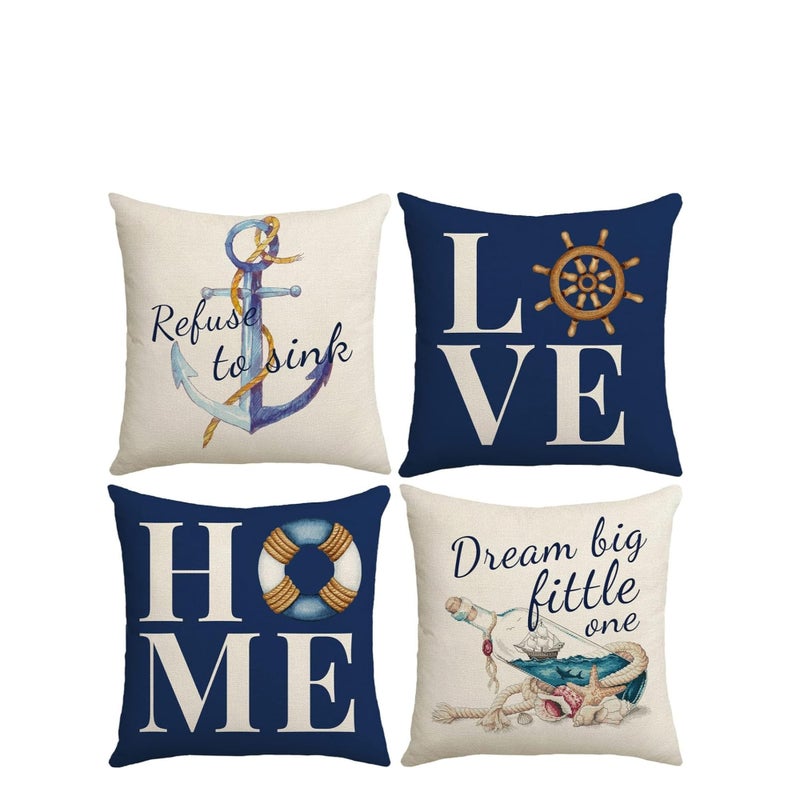 SOLARAE Throw Pillow Covers 18x18 Nautical Pillow Cover, Farmhouse Summer Decorative Pillow Cover Set of 4, Navy Blue Linen Couch Pillows Covers for Living Room Sofa Bed Home Decor - Image 1
