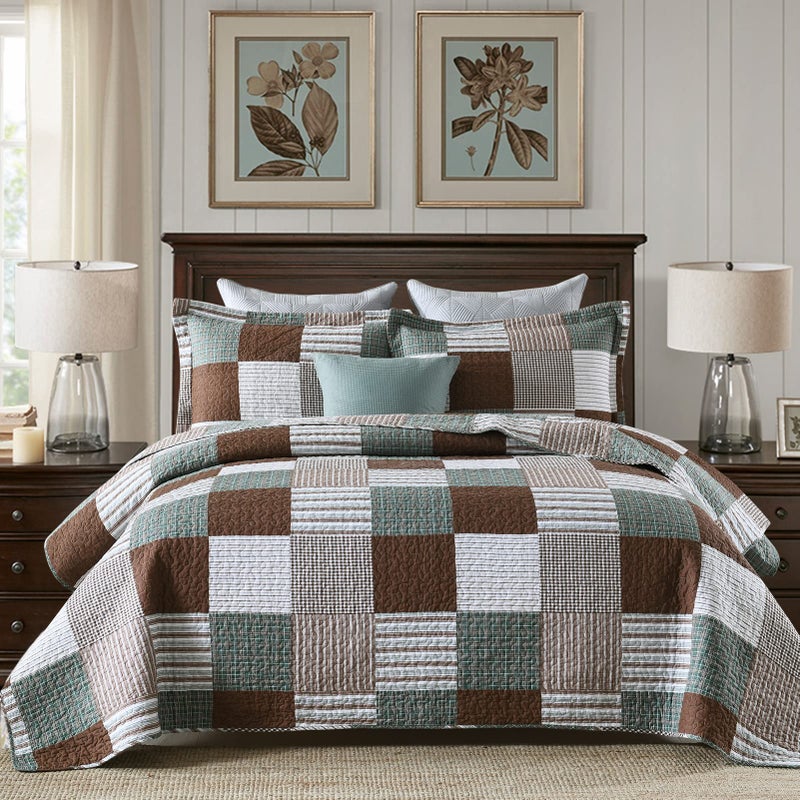 Finlonte Quilts Queen Size - 100% Cotton Queen Comforter Set Brown Green White Plaid Farmhouse Quilt Bedding Set, Reversible Lightweight Soft Bedspread, Quilted Coverlet All-Season, 3-Piece - Image 1