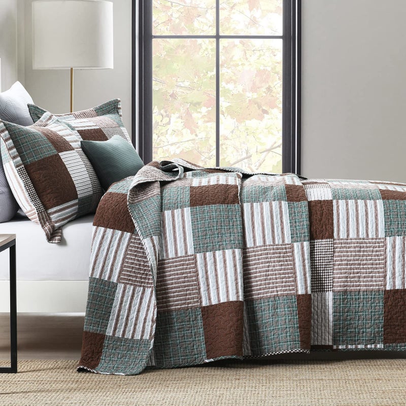 Finlonte Quilts Queen Size - 100% Cotton Queen Comforter Set Brown Green White Plaid Farmhouse Quilt Bedding Set, Reversible Lightweight Soft Bedspread, Quilted Coverlet All-Season, 3-Piece - Image 2